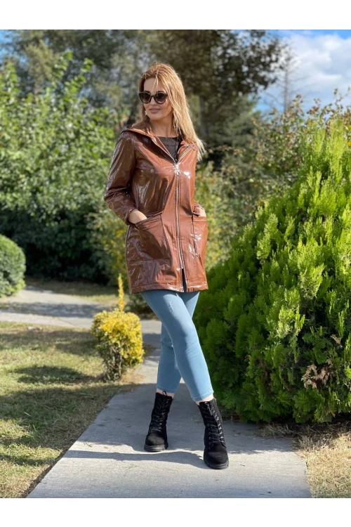 Kapüşonlu Uzun Fermuarlı Deri Mont