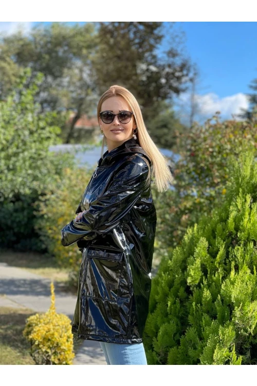 Kapüşonlu Uzun Fermuarlı Deri Mont